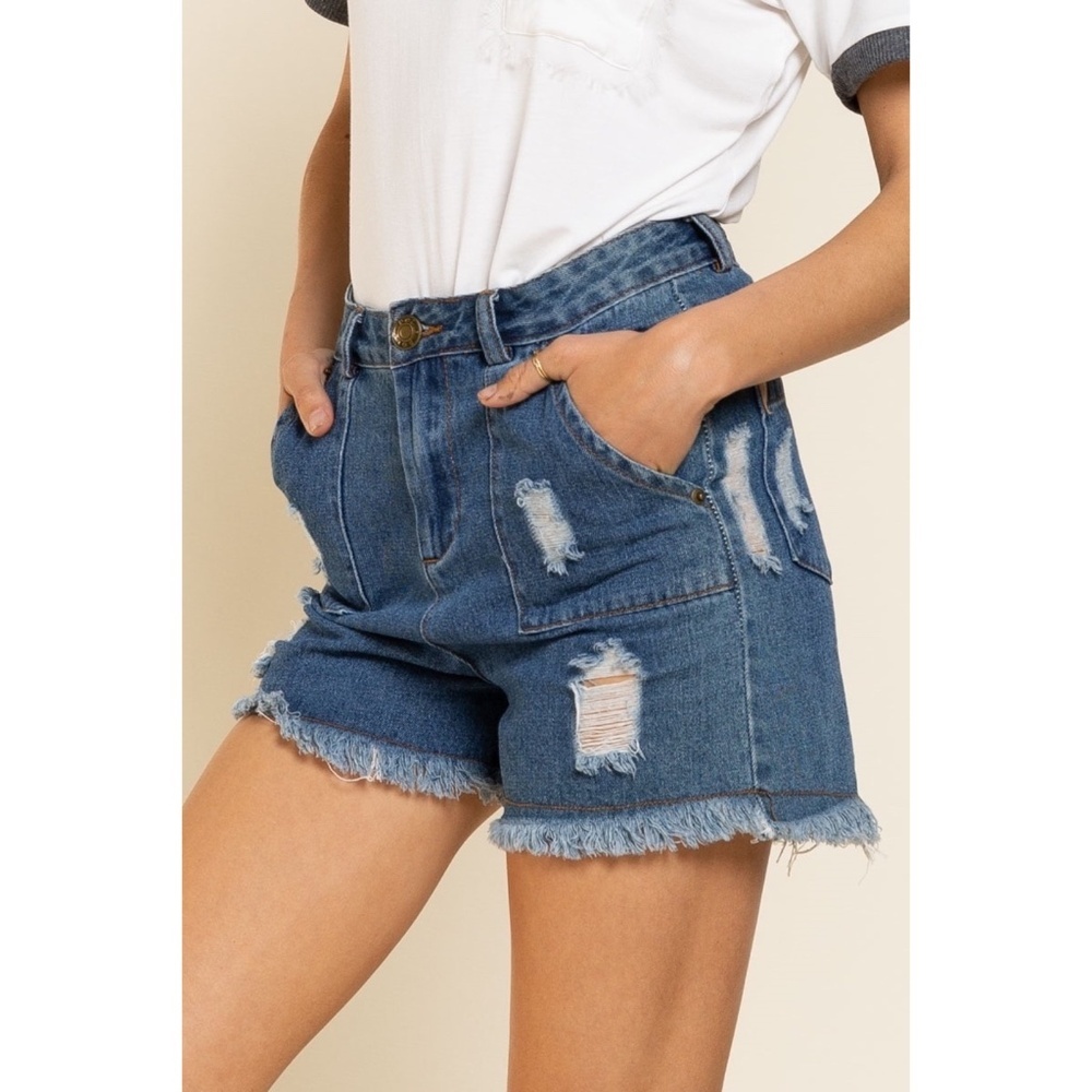 POL Dark Wash Distressed Denim Shorts - Picture 2 of 8
